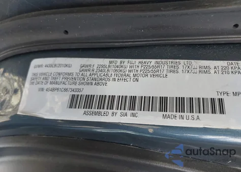 2006 Subaru Legacy 2.5I из США, поврежденный, VIN 4S4BP61C667343357